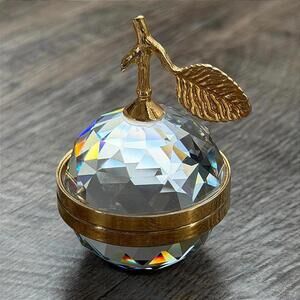Swarovski Crystal Apple Mirror Trinket Box Gold Leaf Signed Faceted - 10119